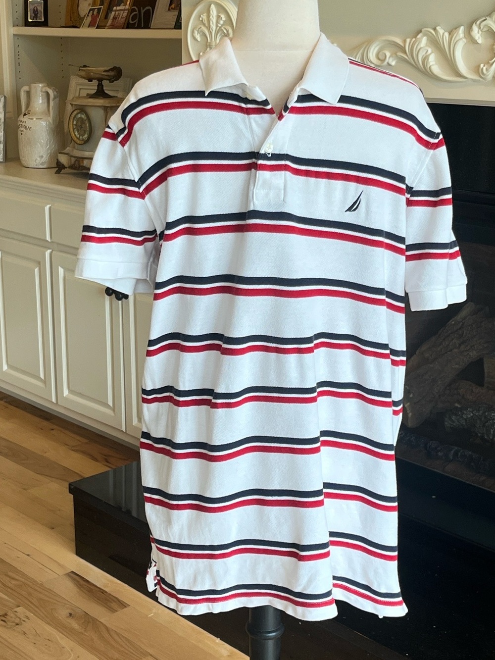 Nautica Short-Sleeve Polo in White with Red & Navy Stripes